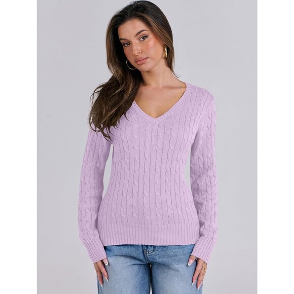 Womens Light Purple Pull On Cable Knit Long Sleeve V Neck Fitted Casual Sweater - Picture 3 of 6